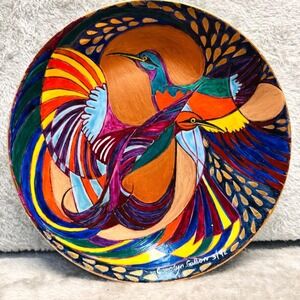 Hand Painted Bird Art Plate Folk Art MCM "Bee Eaters Tropical" Signed Artisan 9"